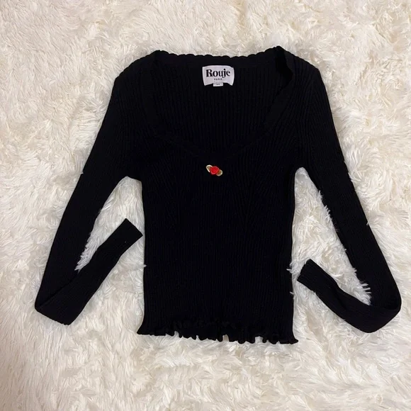 Rouje Black Ribbed Long Sleeve Top with Red Rose Accent - Picture 2 of 8